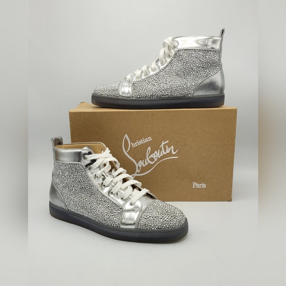 Christian Louboutin Leather Louis Junior Spikes Crystal Sneakers Size 11.5M